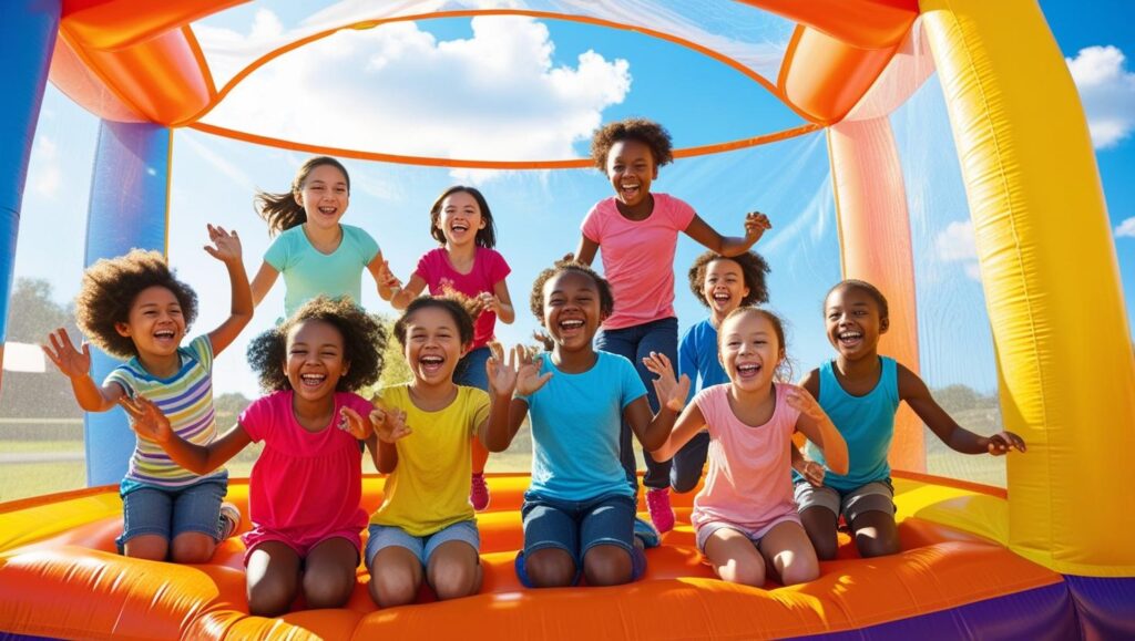 create an image of kids playing and having fun in an inflatable bounce house on a bright sunny day Home